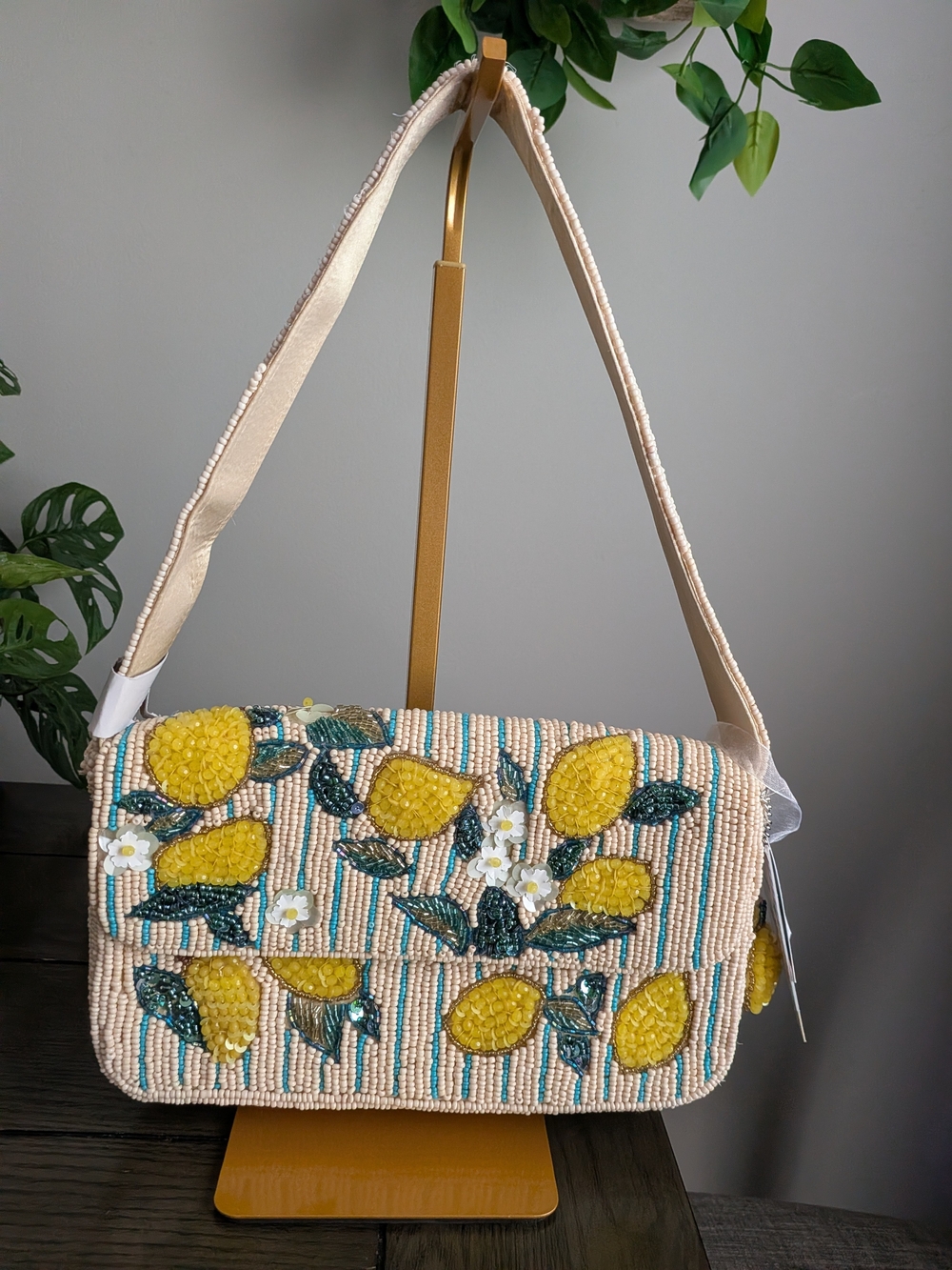 NWT Made In India Beaded Lemon Embellished Shoulder Bag - Yellow